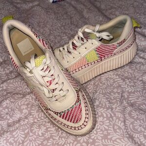 Dolce Vita Cream Sneakers with Pink and Yellow Woven Accents
